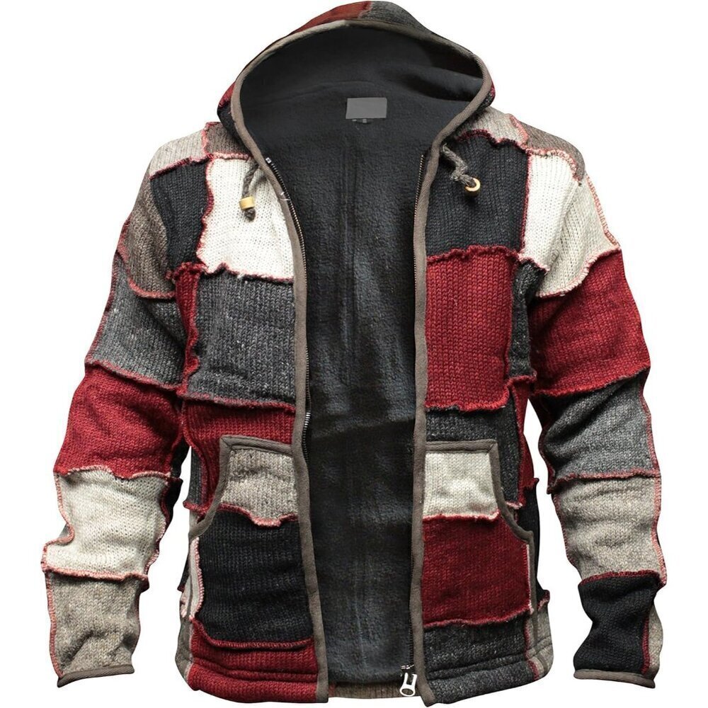 Mens Pixie Red Wool  Patchwork Hippy Jacket - Picture 3 of 4